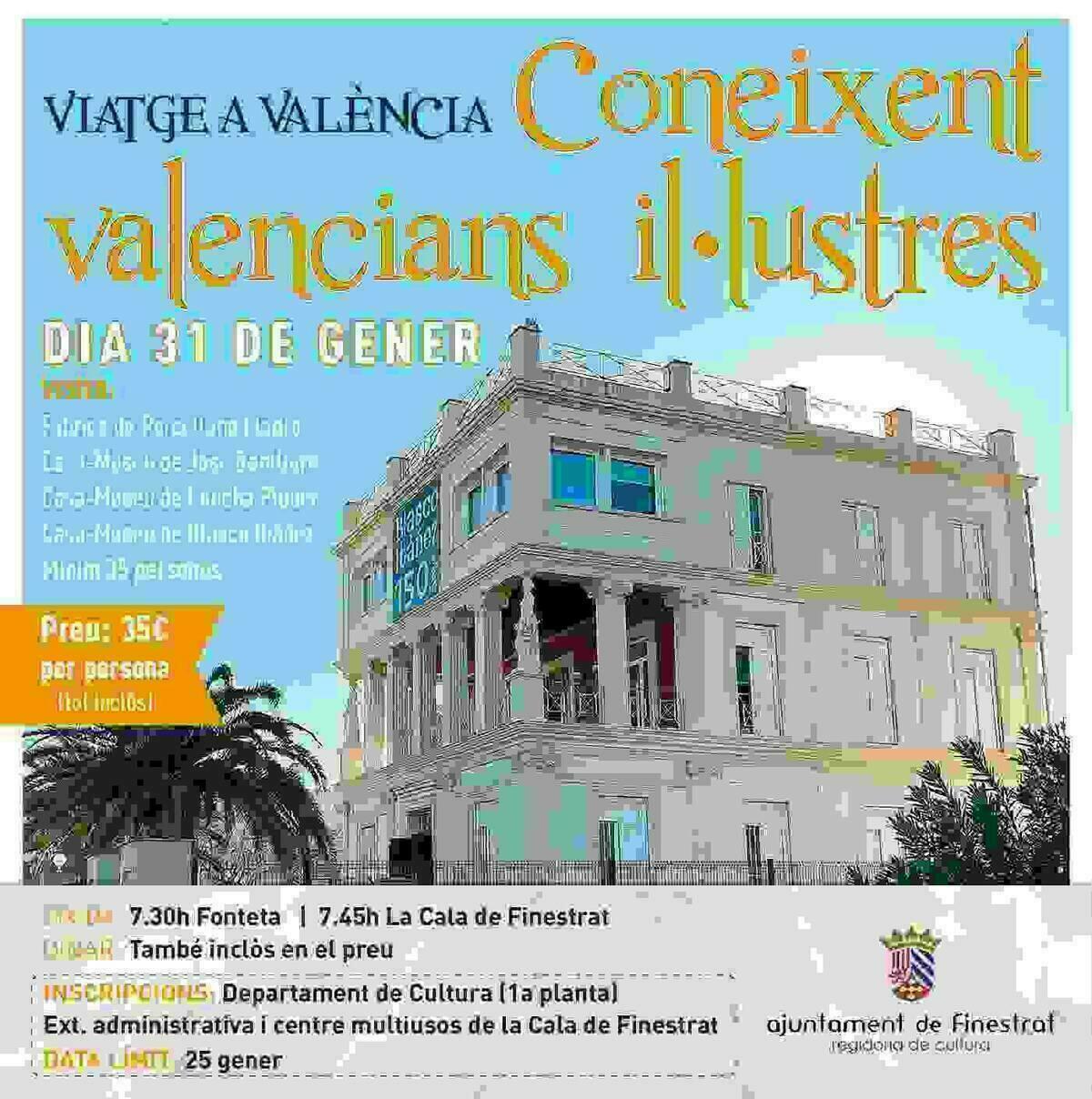 Últimas plazas para participar en la visita “coneixent valencians il•lustres” que organiza la concejalía de Cultura de Finestrat 