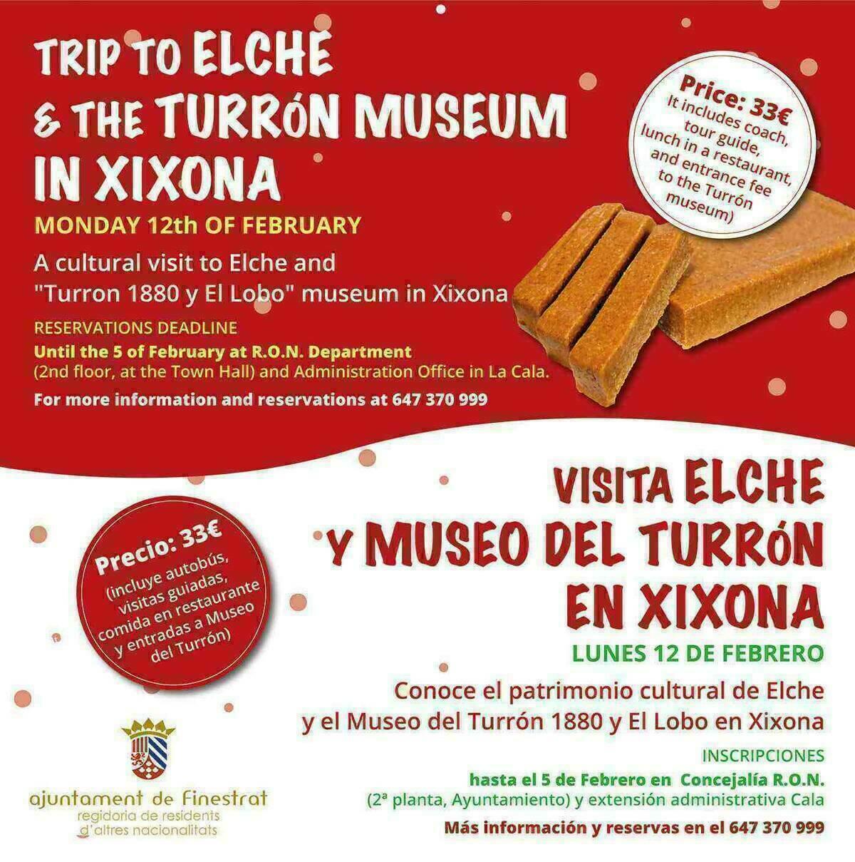 La Concejalía de Residentes de Otras Nacionalidades de Finestrat celebrará la visita a Elche y a Xixona el próximo 12 de febrero