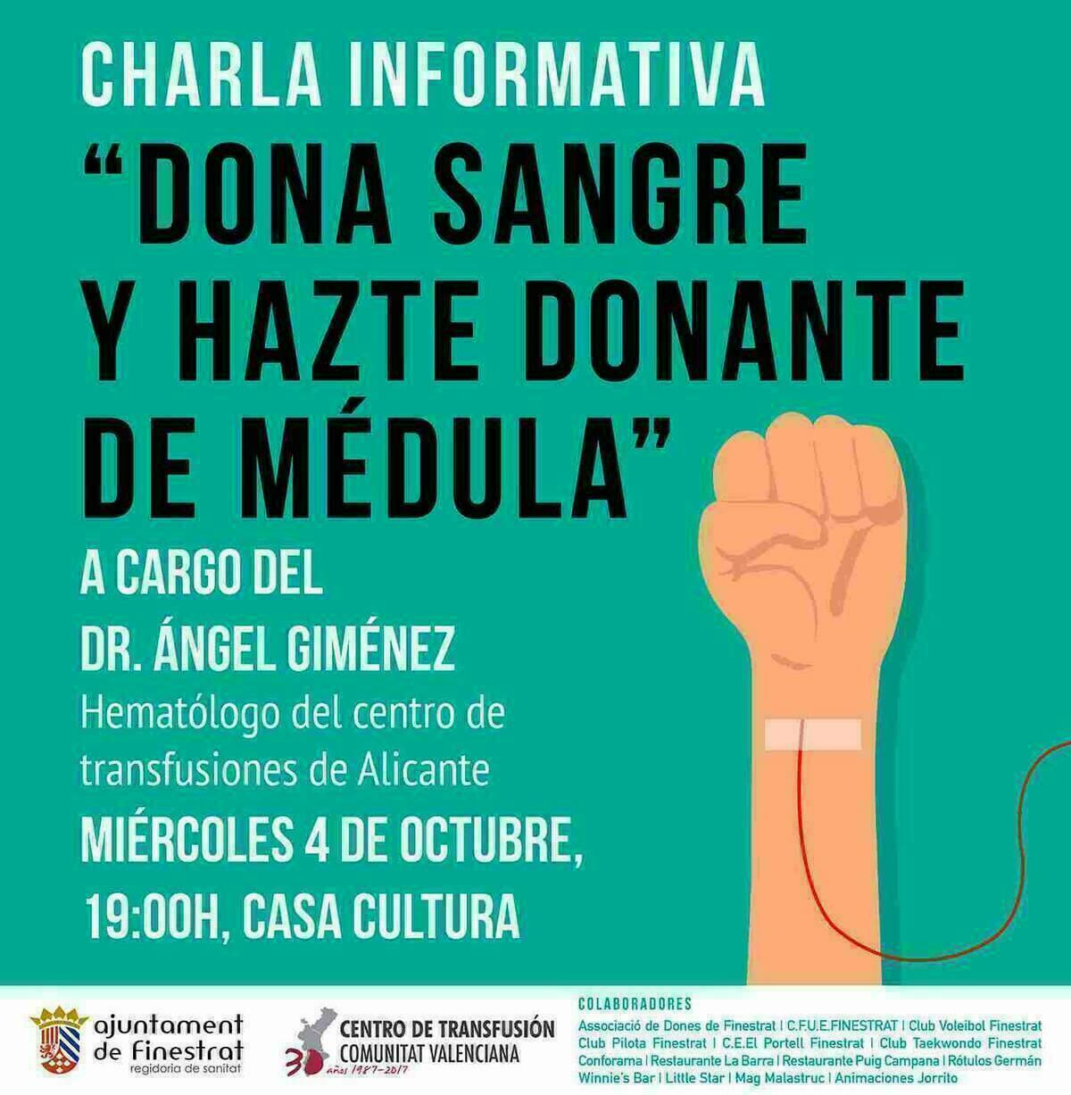Mañana se celebra la charla informativa “dona sangre y hazte donante de médula” en la Casa de Cultura de Finestrat