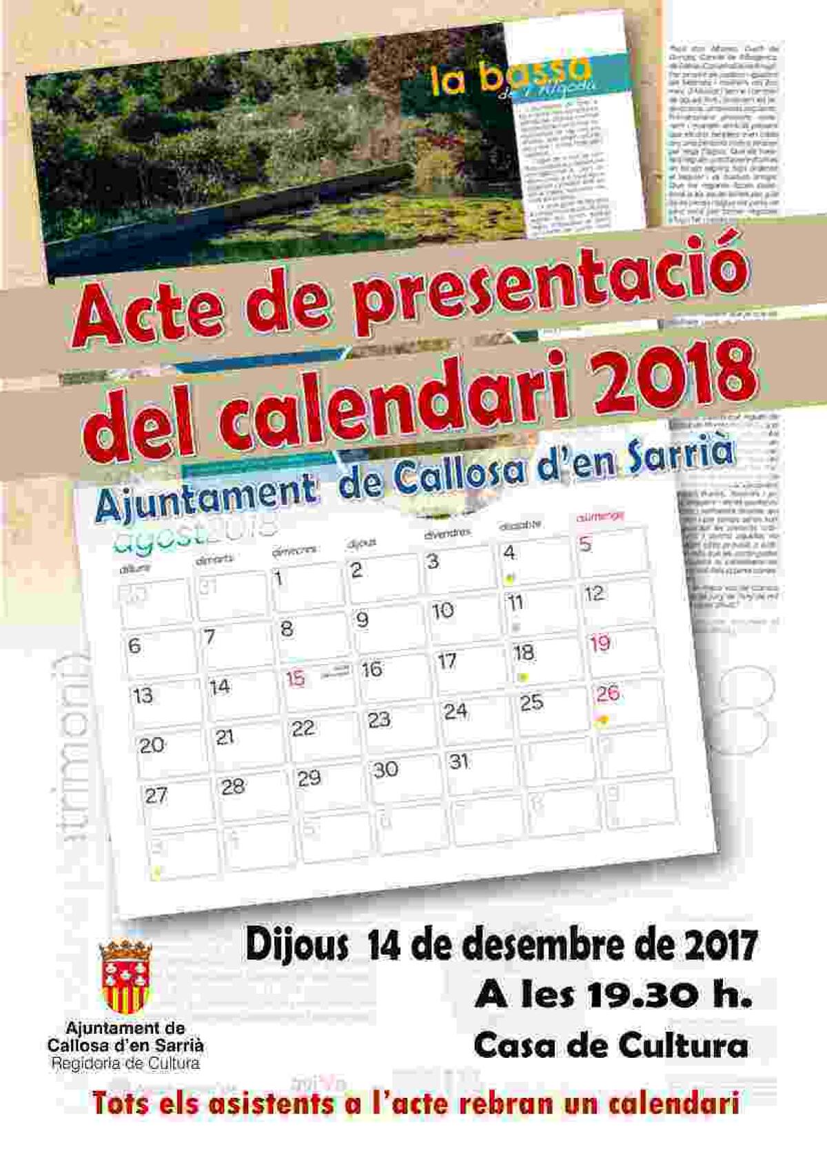 El ciclo del agua en Callosa será el protagonista de las imágenes del nuevo calendario 2018