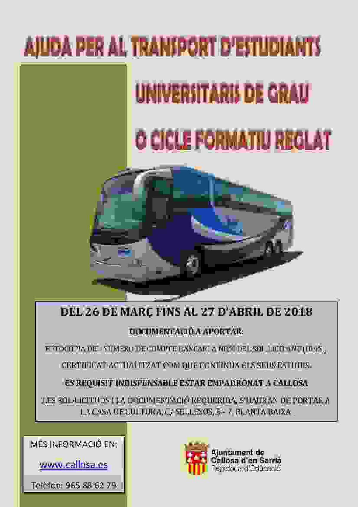   Callosa · Este viernes finaliza el plazo para solicitar ayudas municipales al transporte de estudiantes universitarios y Ciclos Formativos