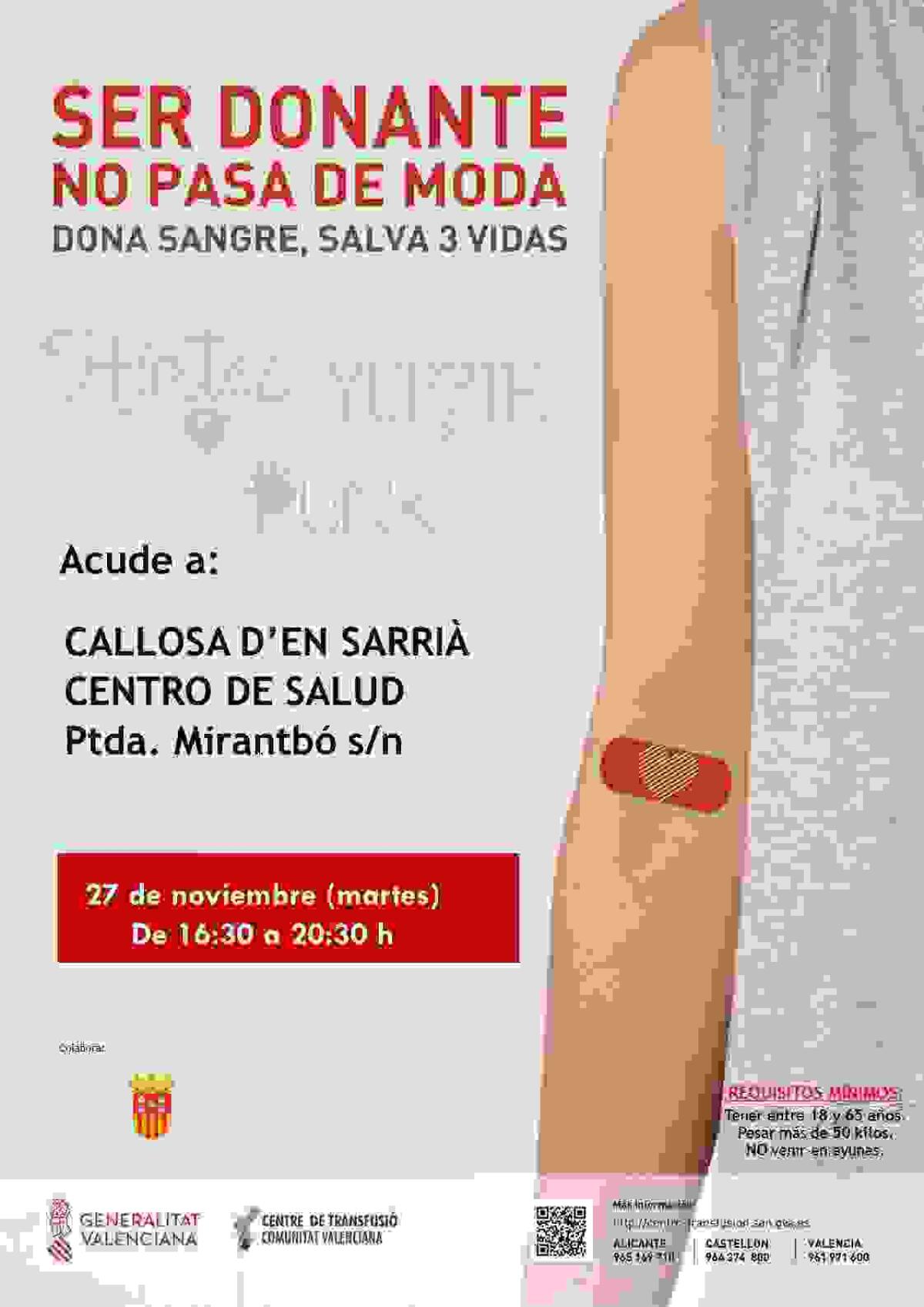 Donación de Sangre el próximo 27 de noviembre en el Centro de Salud de Callosa d’en Sarrià