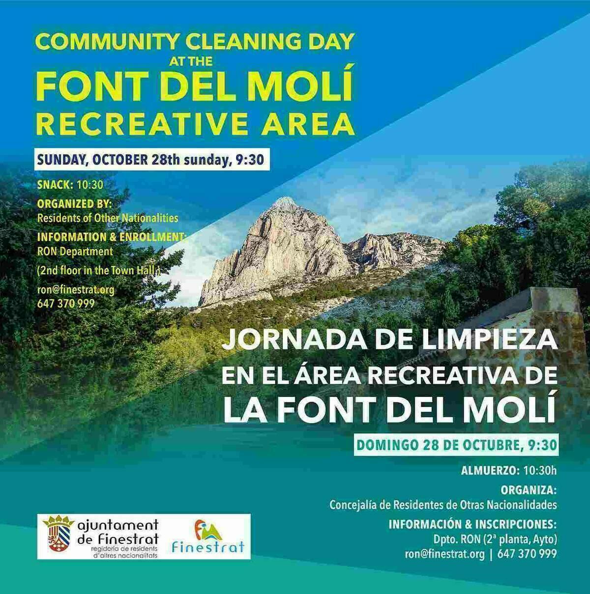 Finestrat organiza  una jornada de limpieza medioambiental en el área recreativa de la font del molí para el domingo 28 