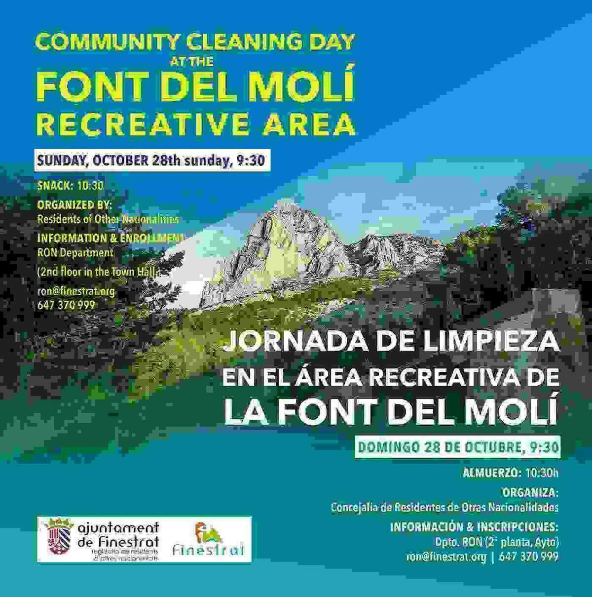 Finestrat celebra este domingo una jornada de limpieza medioambiental en el área recreativa de la Font del Molí 